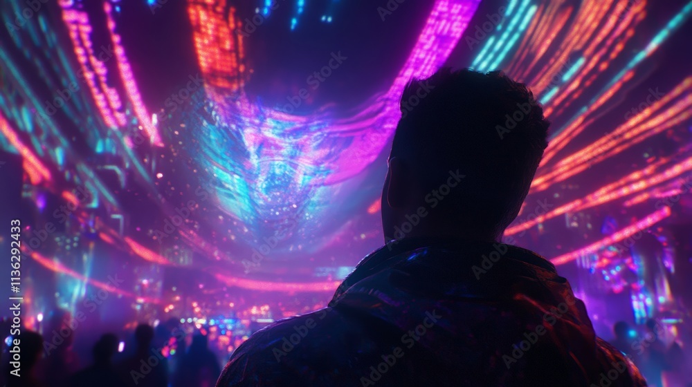 A colorful light show captivates the audience in a vibrant scene with bright, pulsating colors creating an immersive experience.