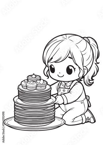 Coloring page design education girl arranging the plates