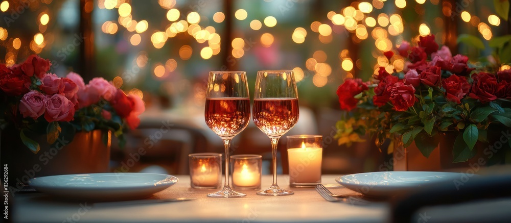 Romantic dinner setting with wine glasses, roses, and candles. Romantic dinner setting with wine glasses, roses, and candles.