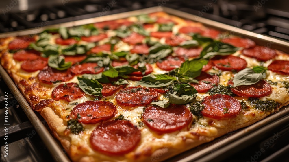 Delicious Pepperoni Pizza with Fresh Basil Leaves Delicious Pepperoni Pizza with Fresh Basil Leaves