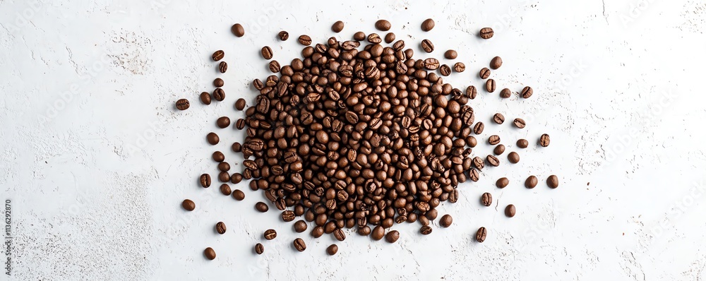 Topdown shot of fresh coffee beans, arranged on a white surface, detailed texture, crisp and clean coffee composition Topdown shot of fresh coffee beans, arranged on a white surface, detailed texture, crisp and clean coffee composition