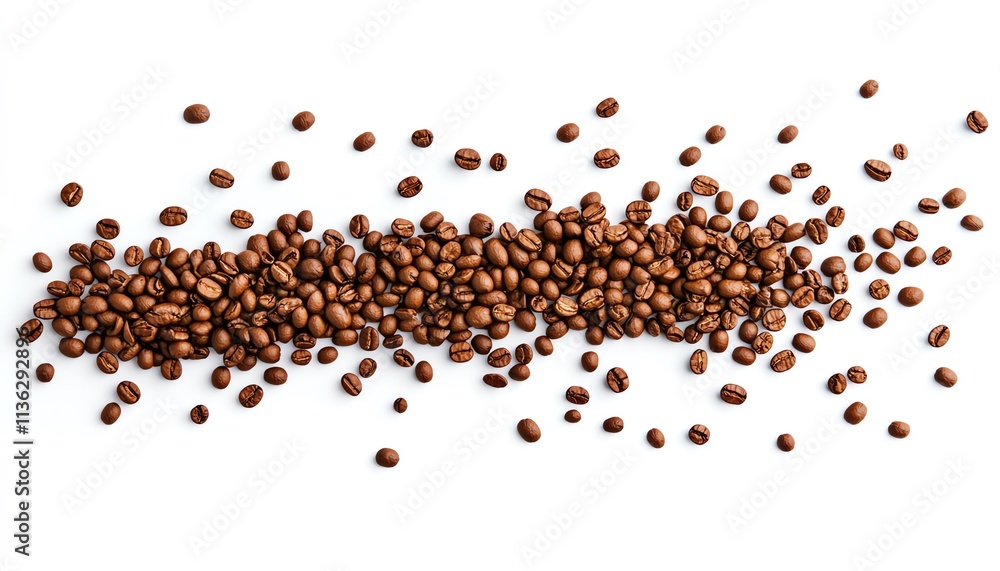 Topdown view of coffee beans in a dynamic scattered arrangement, isolated on white background, minimalist and elegant design Topdown view of coffee beans in a dynamic scattered arrangement, isolated on white background, minimalist and elegant design