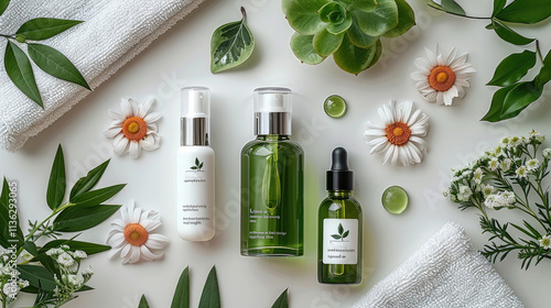 Flat lay of a daily skincare routine, toner, serum, and cream bottles arranged on a smooth white background, accompanied by a clean towel and natural elements like flowers or leaves. top view. photo