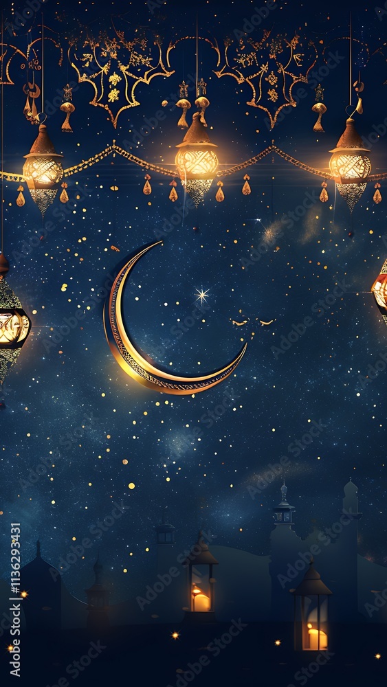 Ramadan Mubarak: Golden Lanterns & Crescent Moon Ramadan Mubarak: Golden Lanterns & Crescent Moon