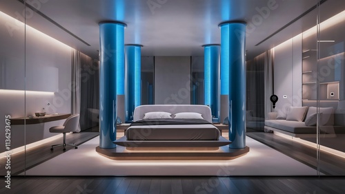 Modern Luxury Bedroom Interior Design with Blue Lighting and Floating Bed