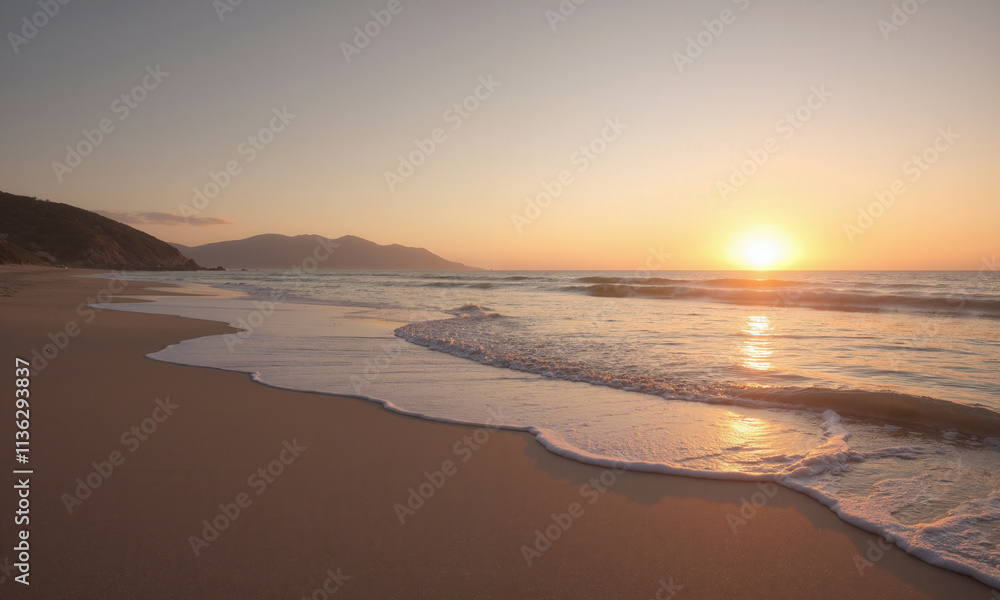Obraz premium A tranquil beach scene at sunset, with the sky reflecting a mocha mousse hue as the sun sets over