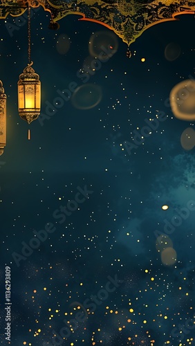 Ramadan Mubarak: Golden Lanterns and Crescent Moon