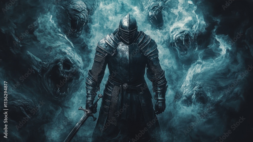 Fototapeta premium Mysterious cloaked figure stands amid swirling smoke and shadows in a dramatic, mystical atmosphere
