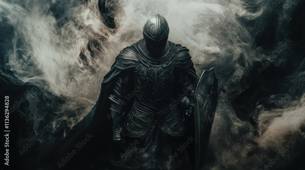 Fototapeta premium Mysterious cloaked figure stands amid swirling smoke and shadows in a dramatic, mystical atmosphere