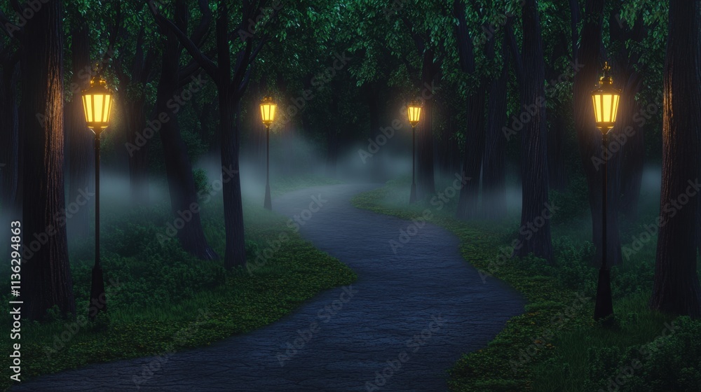 Obraz premium Mysterious Foggy Forest Path with Glowing Lamps at Night
