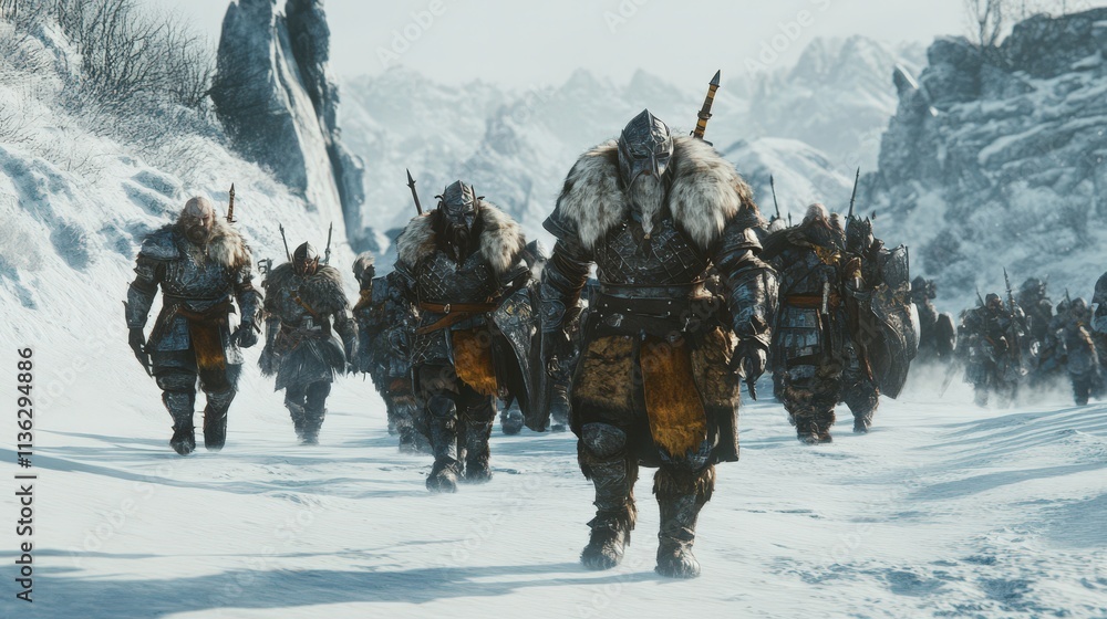 Fototapeta premium A legion of armored warriors marches through a snowy mountainous landscape