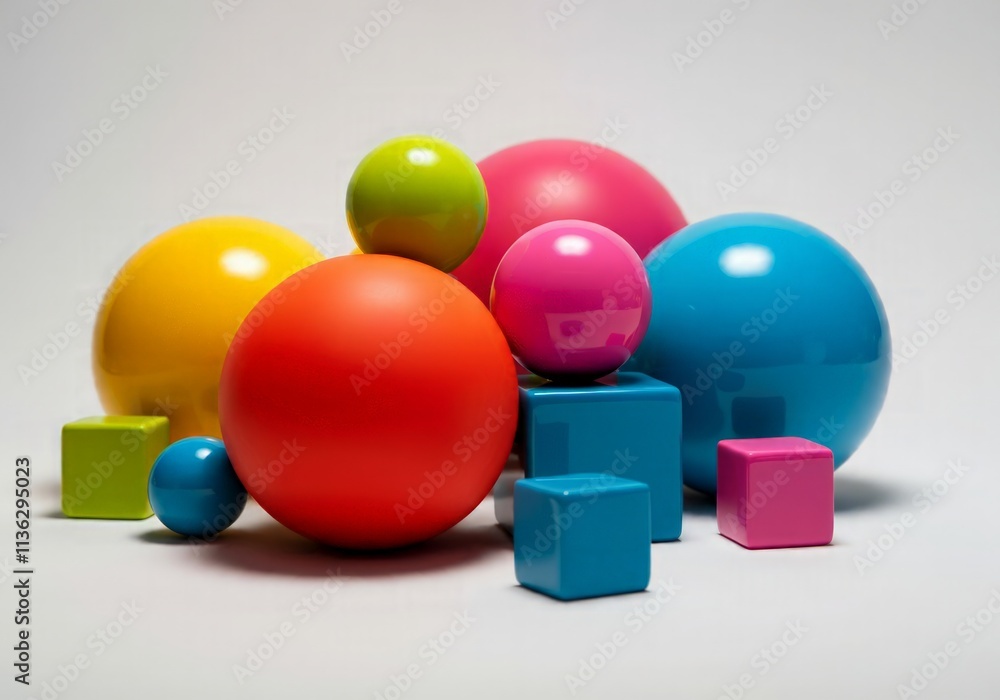 Geometric objects with spheres and cubes in contrasting bright colors on a plain white surface Geometric objects with spheres and cubes in contrasting bright colors on a plain white surface