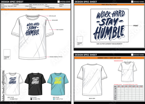 CREW NECK T SHIRT STAY HUMBLE STREETWEAR T SHIRT TECHPACK MEASUREMENT LAYOUT TEMPLATE DESIGN