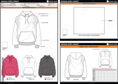 HOODIE KANGAROO POCKET EASY EDITABLE EMPTY TECHPACK MEASUREMENT LAYOUT TEMPLATE DESIGN