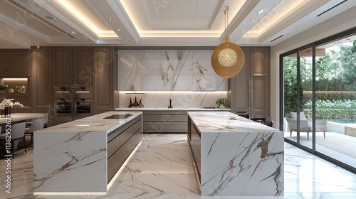 A sleek and elegant kitchen in modern minimalist or classic style, high-end materials like marble and wood, neutral tones, clean lines, and sophisticated lighting. photo