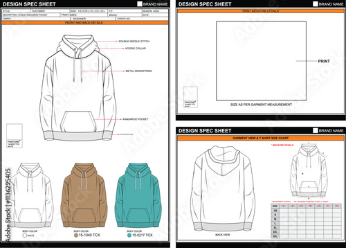 VINTAGE HOODIE KANGAROO POCKET EASY EDITABLE EMPTY TECH PACK MEASUREMENT LAYOUT TEMPLATE DESIGN