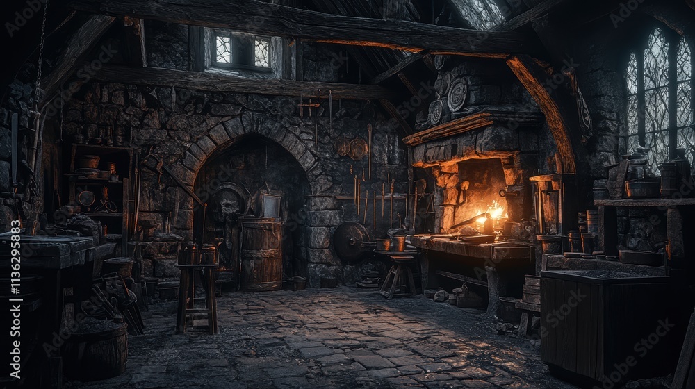 Fototapeta premium Rustic forge interior showcasing medieval craftsmanship with tools and glowing furnace