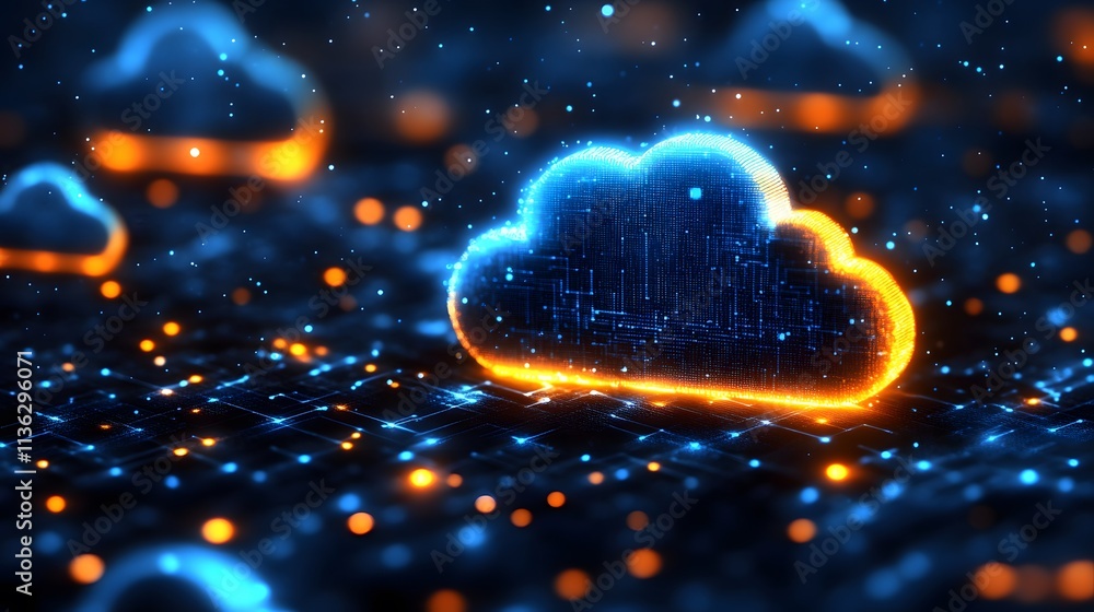 Obraz premium Cybersecurity concept with glowing cloud networks, shields, and data encryption layers, futuristic design, wide view