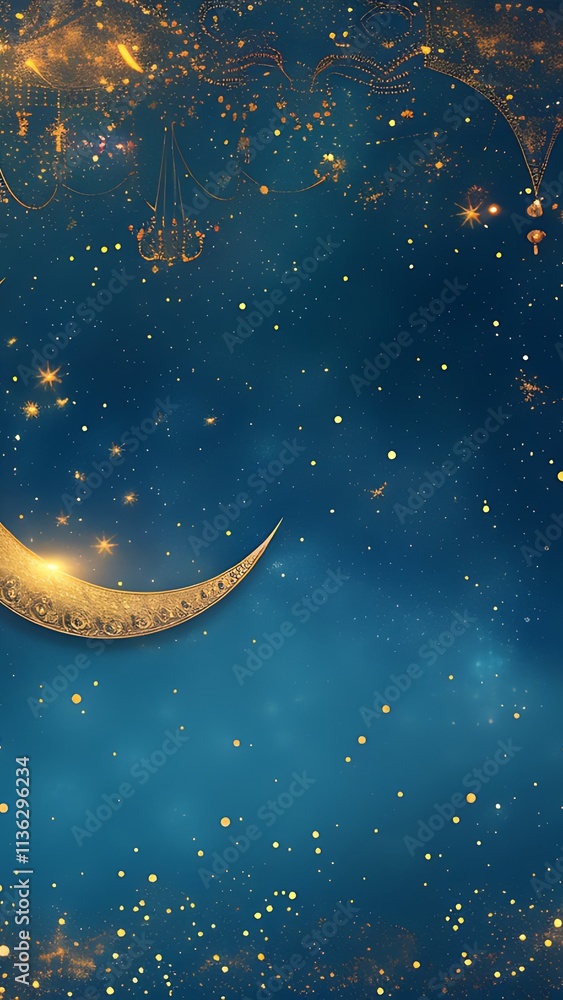 Fototapeta premium Golden Crescent Moon and Lanterns on a Blue Night Sky