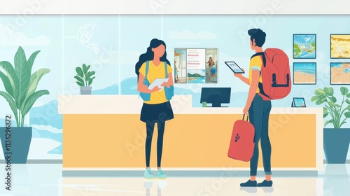 Travel Agent Assisting Customers with Booking Vacation Plans in Modern Office Setting
