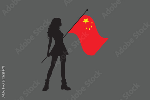 China girl with flag, Flag of China national country symbol illustration Vector, Rectangle China flag illustration, Flat vector illustration
