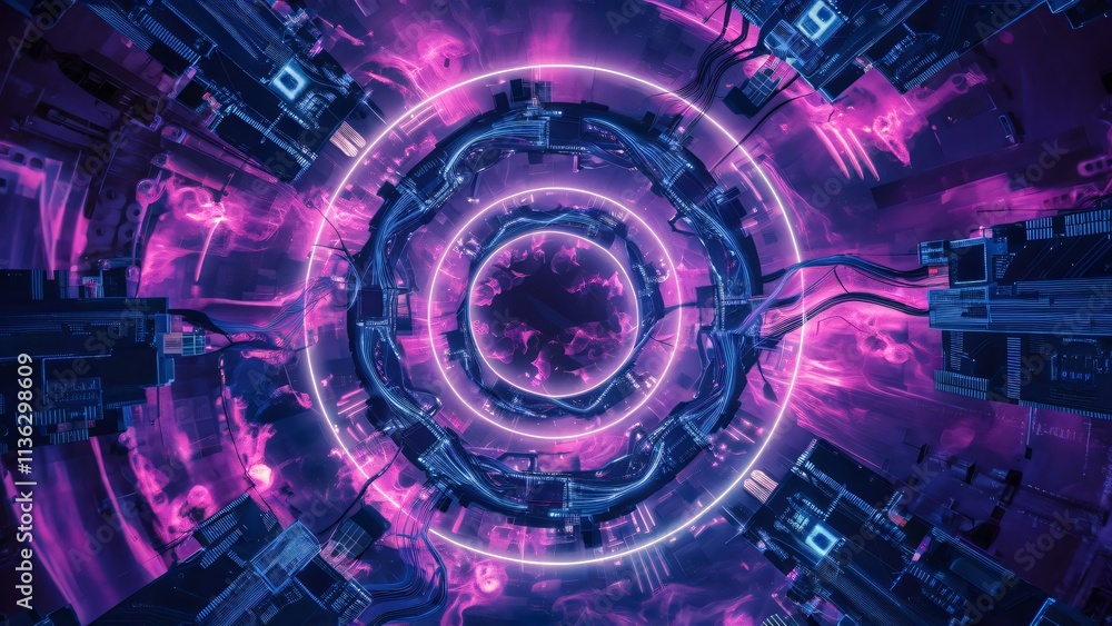 Fototapeta premium Abstract Futuristic Circuit Board Tunnel, Neon Purple and Blue Digital Art