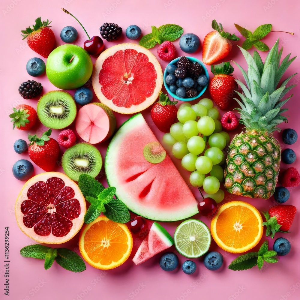 on the right Fresh fruits and mint on bright pink, on the left empty light blue isolated background
