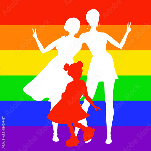 Vector illustration of happy and victorious lgbt women couple with their daughter celebrate gay pride. Rainbow background with typical colors of LGBTQ+ flag