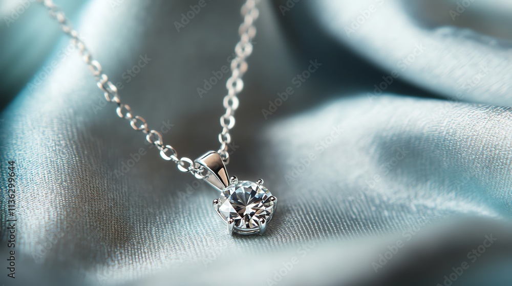 A silver chain with a large diamond pendant on a blue fabric. A silver chain with a large diamond pendant on a blue fabric.