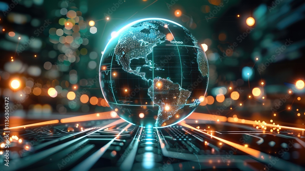 Fototapeta premium A glowing, holographic globe surrounded by interconnected digital pathways, symbolizing global operations. In the background, innovation and the automotive industry. Dynamic, sleek.