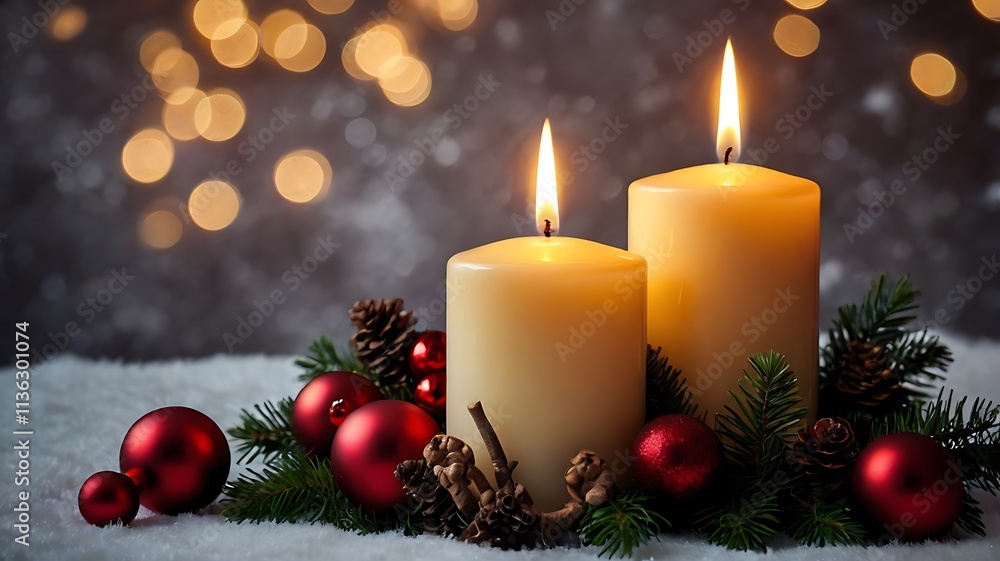 Three burning candles in festive christmas arrangement Three burning candles in festive christmas arrangement