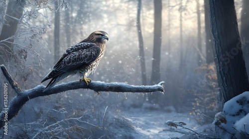 Falcon on a branch in the winter forest photo