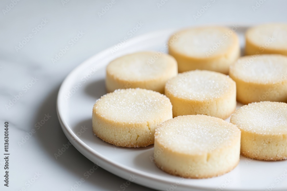 A plate of round, sugar-coated cookies arranged neatly for serving. A plate of round, sugar-coated cookies arranged neatly for serving.