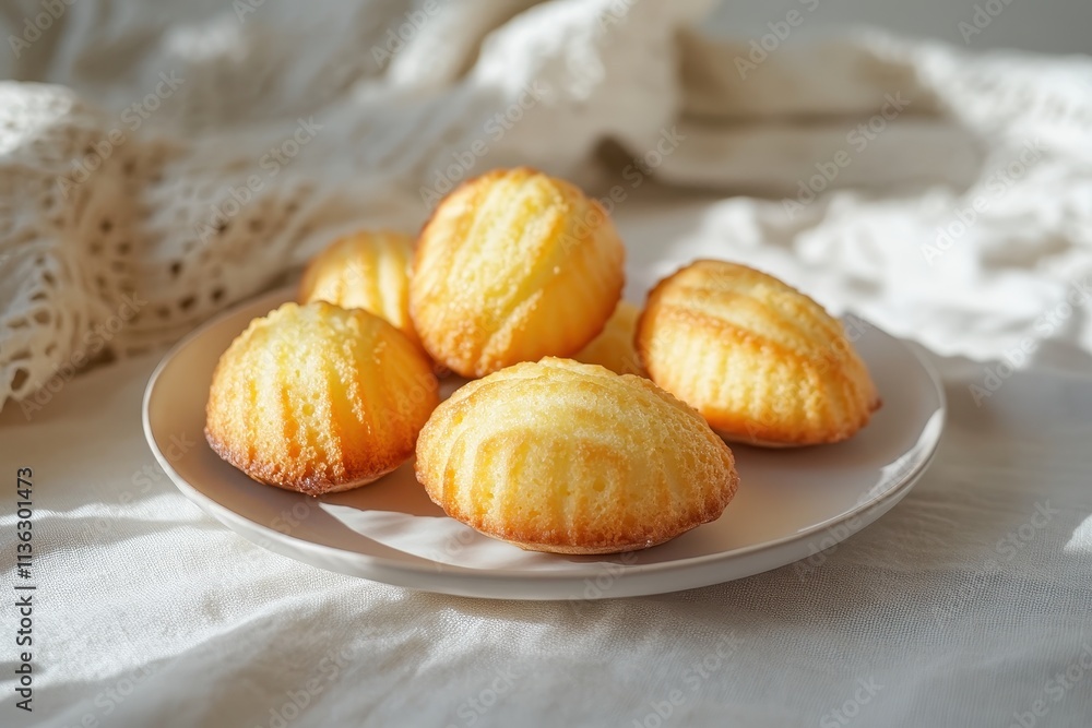 A plate of golden madeleines arranged on a light fabric background. A plate of golden madeleines arranged on a light fabric background.