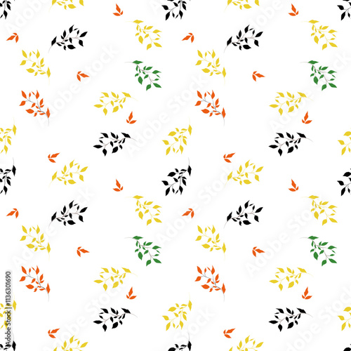 seamless botanical pattern of painted oriental motifs on a white background