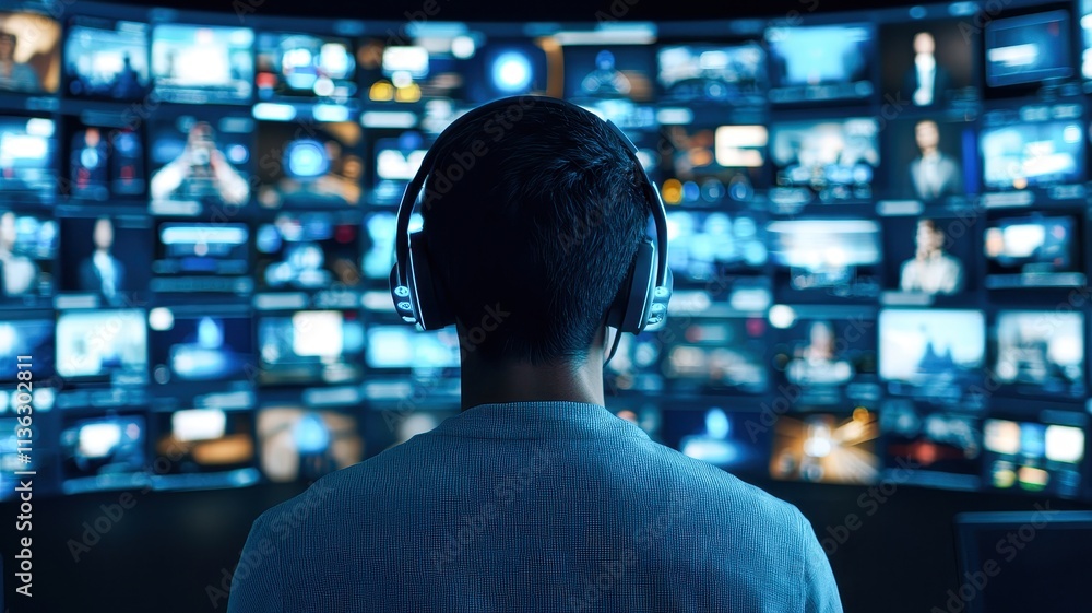 A young person attending a virtual seminar about international work-study programs, with holographic guides projected around them. A young person attending a virtual seminar about international work-study programs, with holographic guides projected around them.