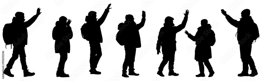 Silhouettes of Backpackers Interacting and Exploring in Outdoor Settings Silhouettes of Backpackers Interacting and Exploring in Outdoor Settings