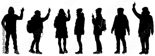 Silhouettes of Backpackers Waving and Interacting in Winter Outfits