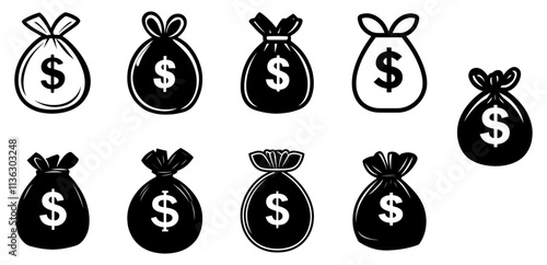 Silhouettes and Icons of Money Bags with Dollar Signs