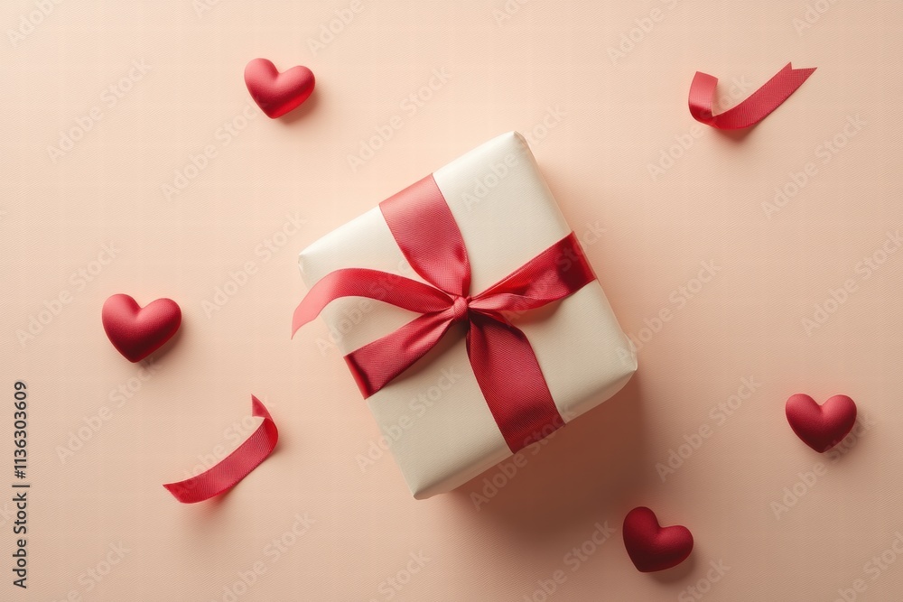 Gift Box with Red Ribbon and Hearts on Pink Background Gift Box with Red Ribbon and Hearts on Pink Background