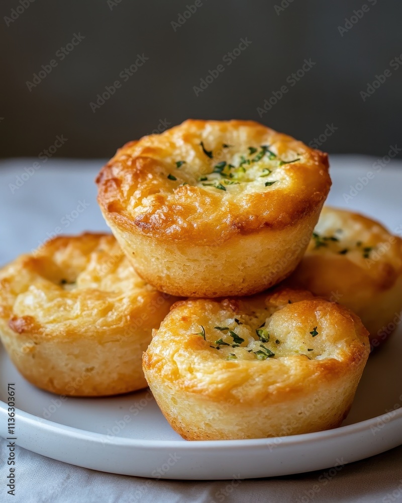 A plate of golden-brown baked cheese muffins garnished with herbs. A plate of golden-brown baked cheese muffins garnished with herbs.