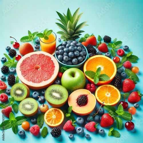 Wallpaper Mural on the right Fresh fruits and mint on bright blue, on the left empty light blue isolated background
 Torontodigital.ca
