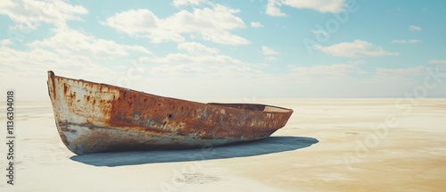 A rusting, abandoned boat rests on a salt flat under a vast sky, illustrating a serene yet haunting juxtaposition of past and present. photo