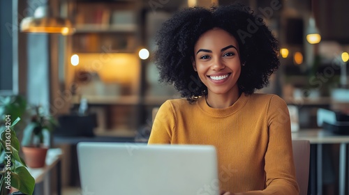 A woman with curly black hair smiles at the camera while sitting at a desk in an office, using a laptop.