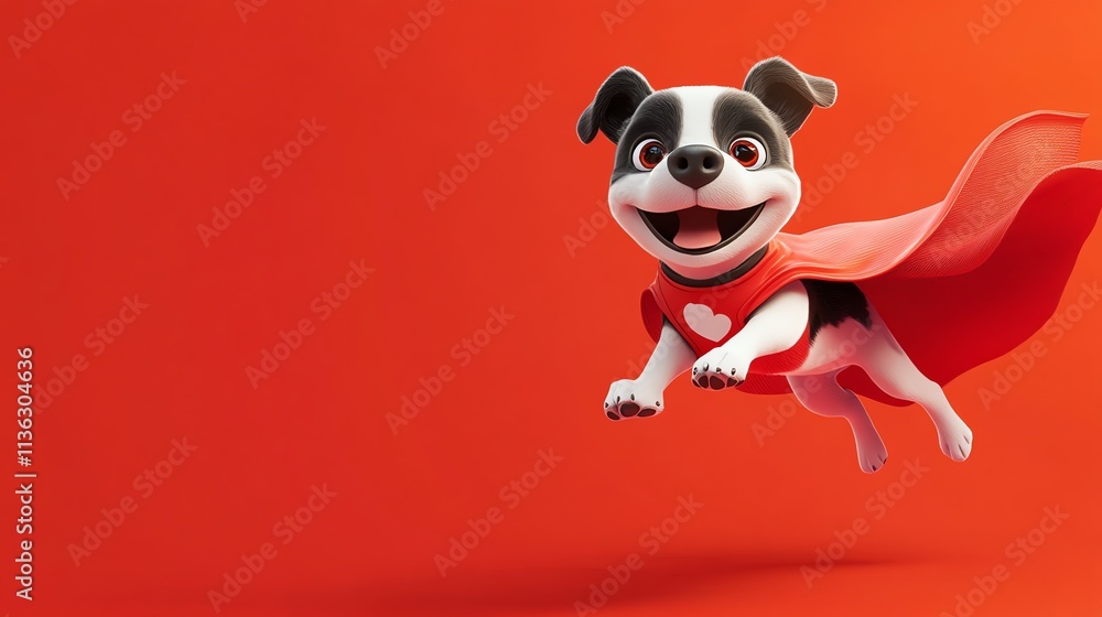 Naklejka premium A cartoon dog wearing a blue superhero suit and red cape flies on a red background.