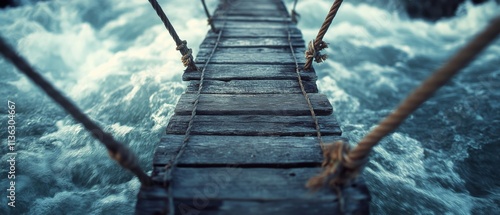 A rickety wooden bridge stretches over a raging river, evoking adventure and daring with its risky, untamed path.