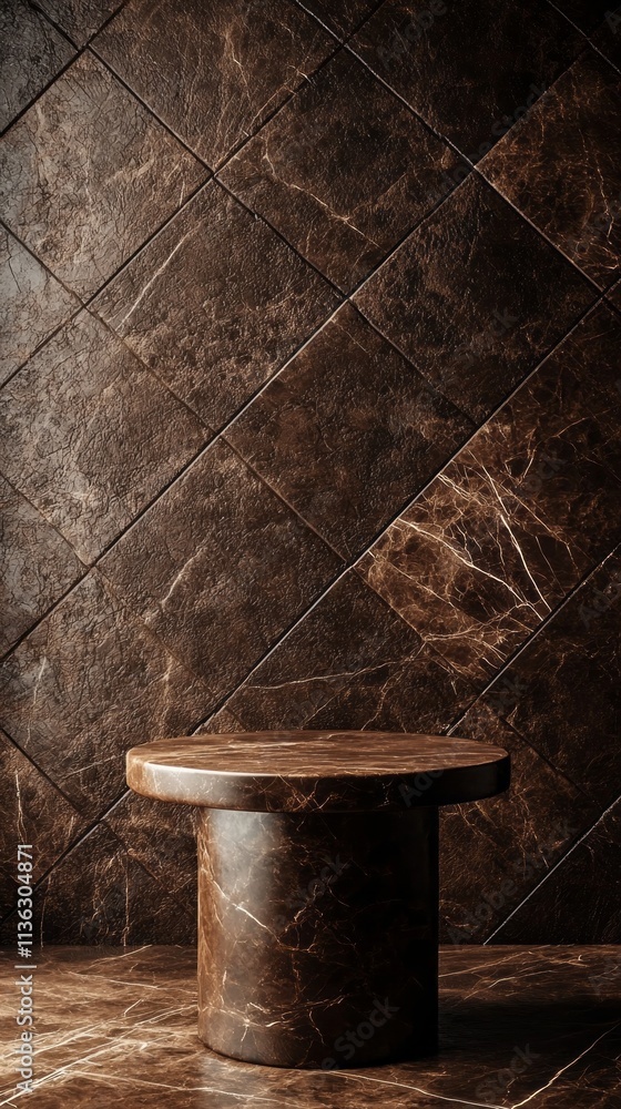 A brown table with a round top is sitting in front of a wall with a pattern. The color of the year Mocha Mousse A brown table with a round top is sitting in front of a wall with a pattern. The color of the year Mocha Mousse