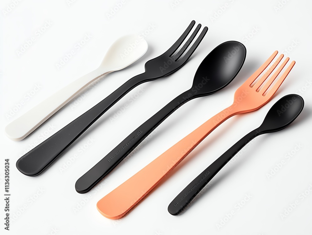 Colorful plastic utensils on a white background. Colorful plastic utensils on a white background.