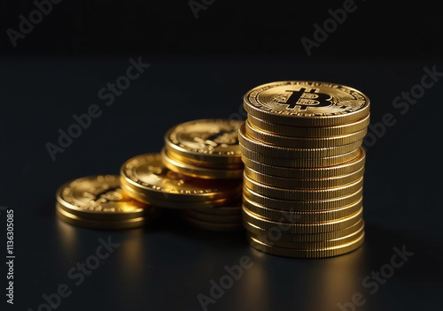 Wallpaper Mural black background shows stacked bitcoins neatly arranged virtual wallet Torontodigital.ca