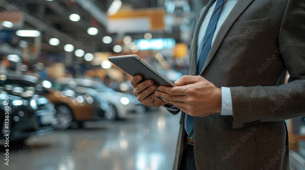 Businessman Using Tablet in Car Dealership with Vehicles Displayed in Background, Focusing on New Technology and Customer Experience in Automotive Industry Businessman Using Tablet in Car Dealership with Vehicles Displayed in Background, Focusing on New Technology and Customer Experience in Automotive Industry